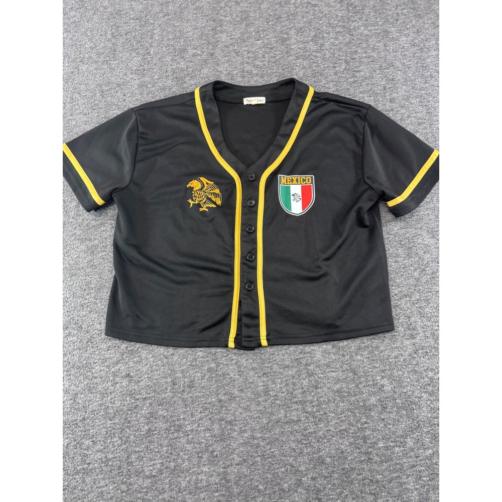 Ruby & Lace Mexico Baseball Jersey Crop Top Black Yellow Women‎ Medium